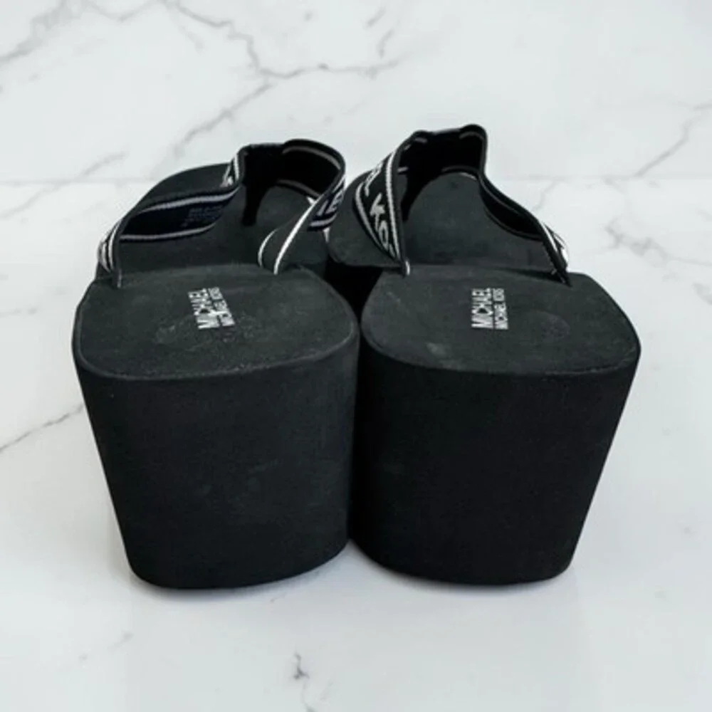 Michael Kors Women's 8 Black Logo Thong Wedge Slip-On Textile Sandals